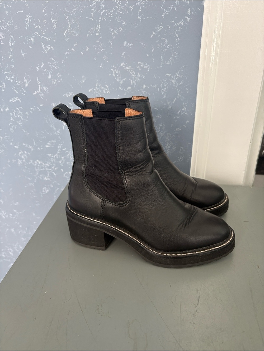 Madewell Carina Classic Black Leather Chelsea Block Heel Boots - Women